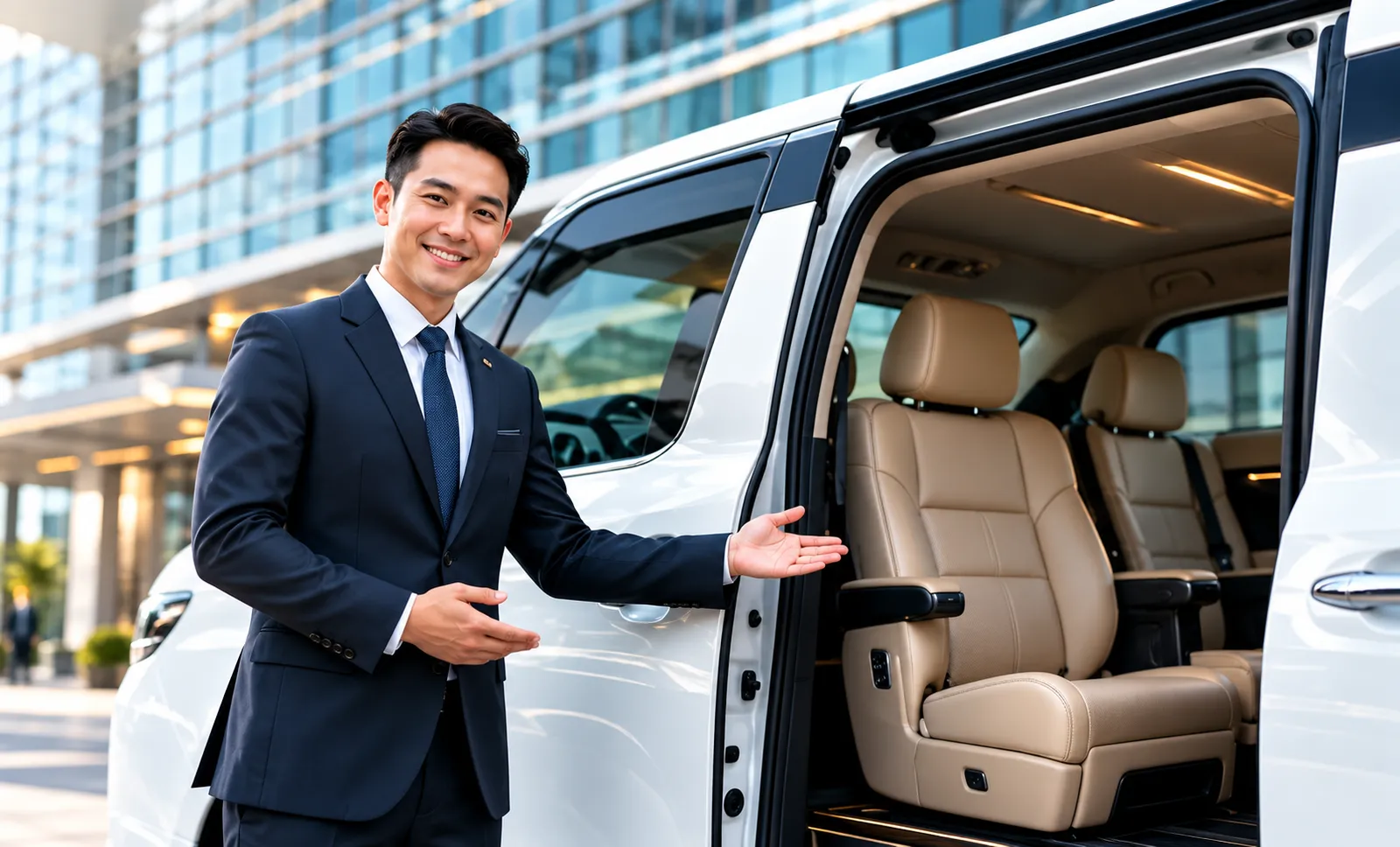 Professional V-GO chauffeur in a suit welcoming passengers beside a white Alphard MPV with the door open