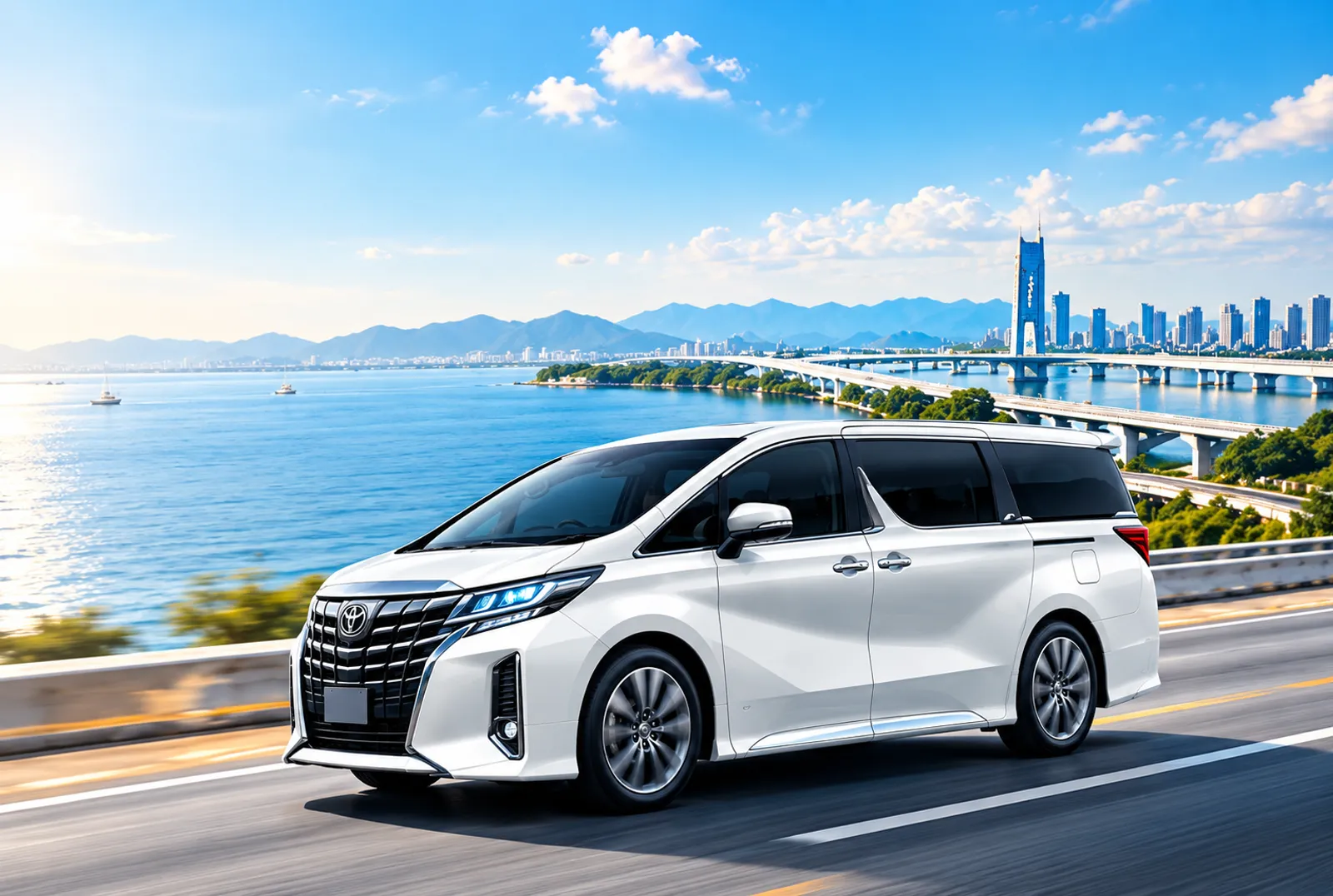 White Toyota Alphard premium MPV driving along a coastal bridge highway between Malaysia and Singapore