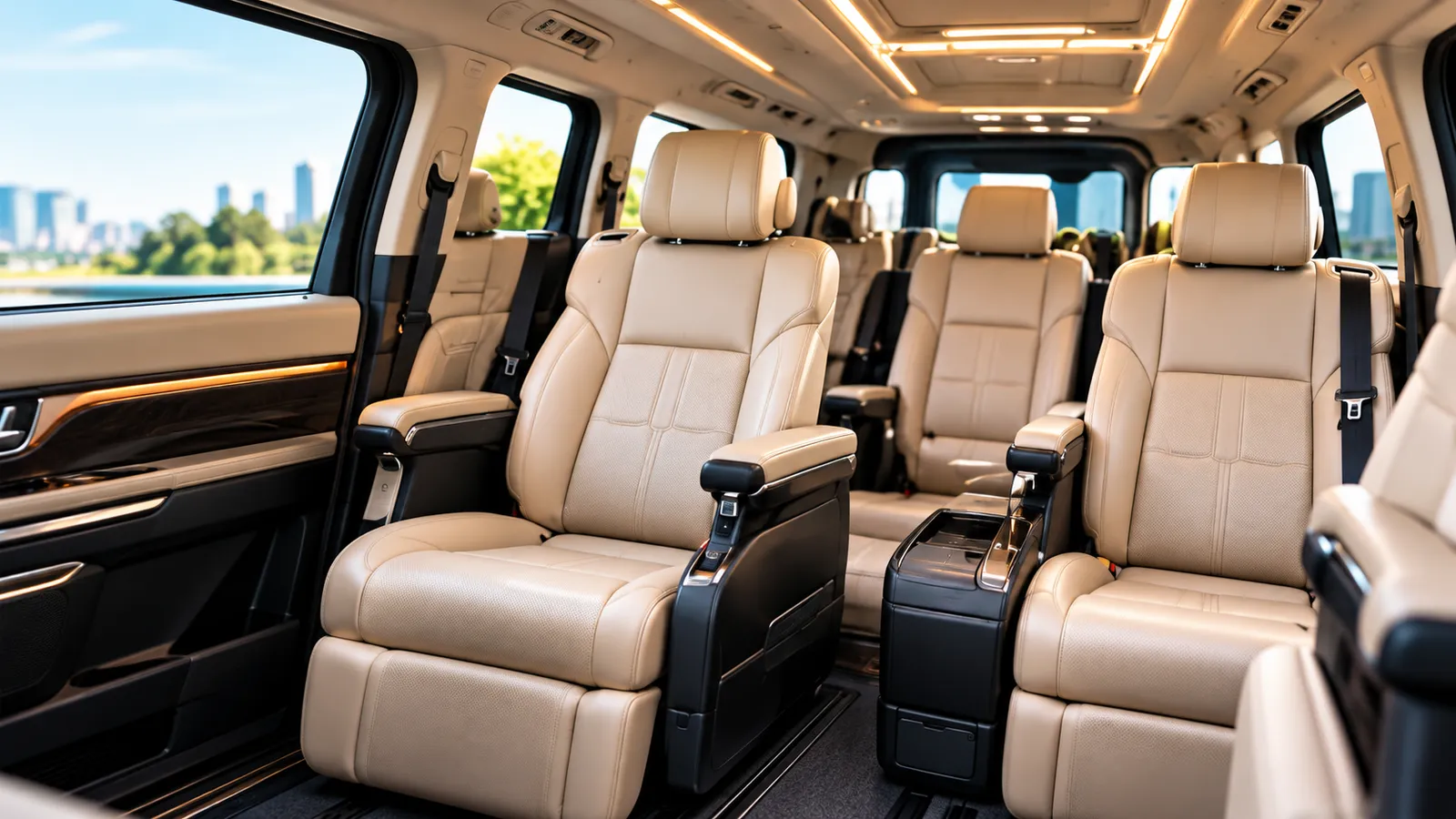 Luxury cream leather captain seats inside a Toyota Alphard MPV for private chauffeur transfers