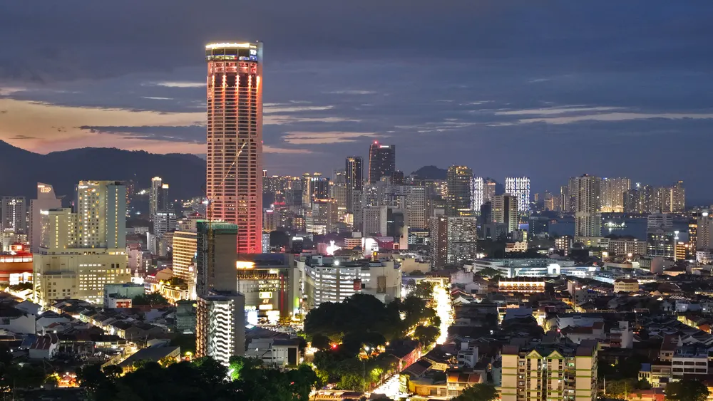 The George Town skyline and KOMTAR tower in Penang at dusk
