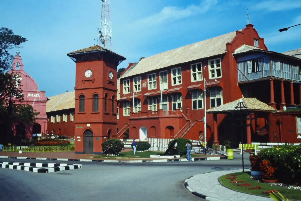 The red Dutch Stadthuys buildings and clock tower in Melaka