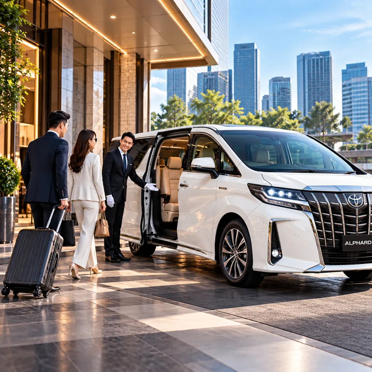Chauffeur opening the sliding door of a white Alphard MPV for two passengers with luggage at a hotel entrance