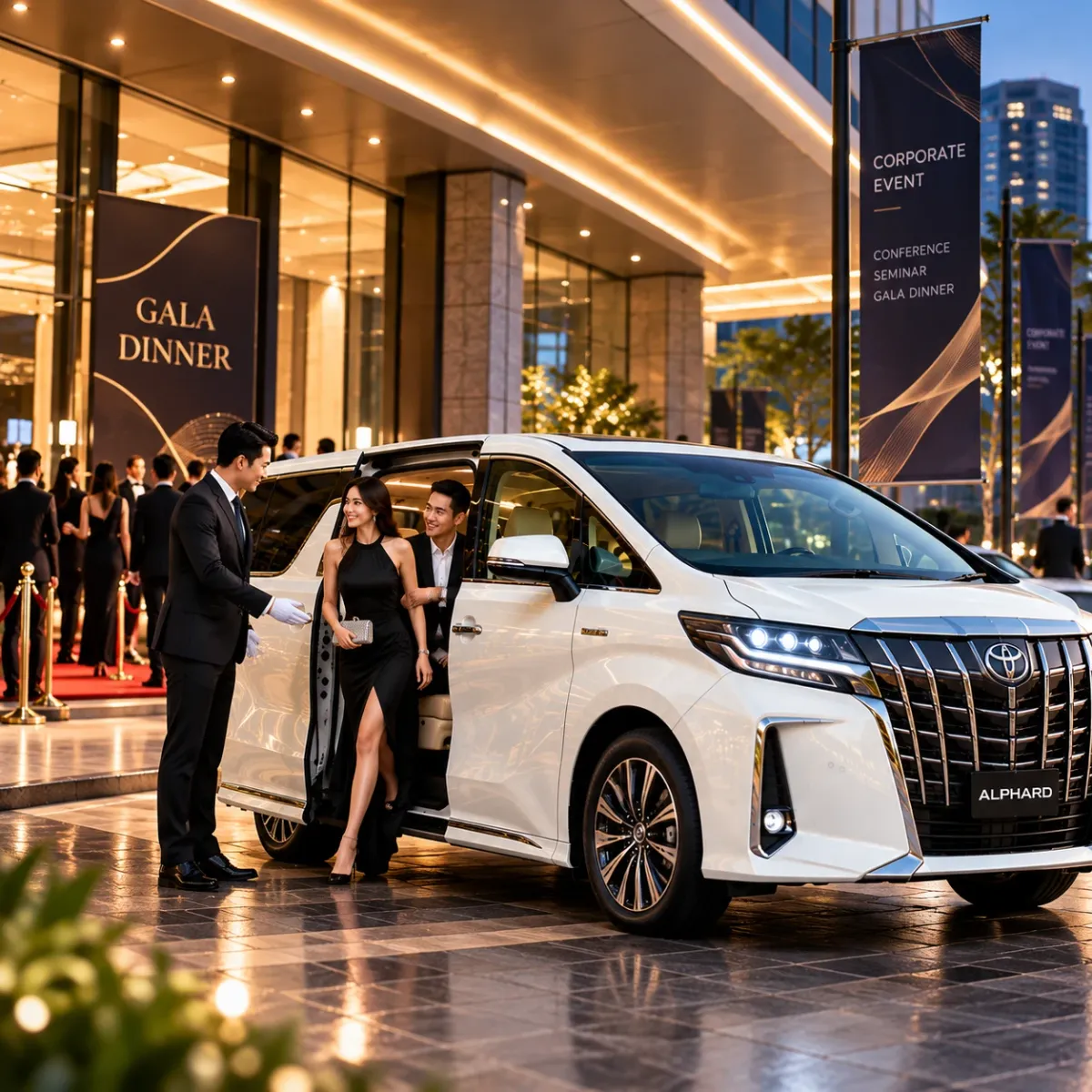 Chauffeur welcoming guests in evening wear from a white Alphard MPV at a gala dinner and corporate event entrance