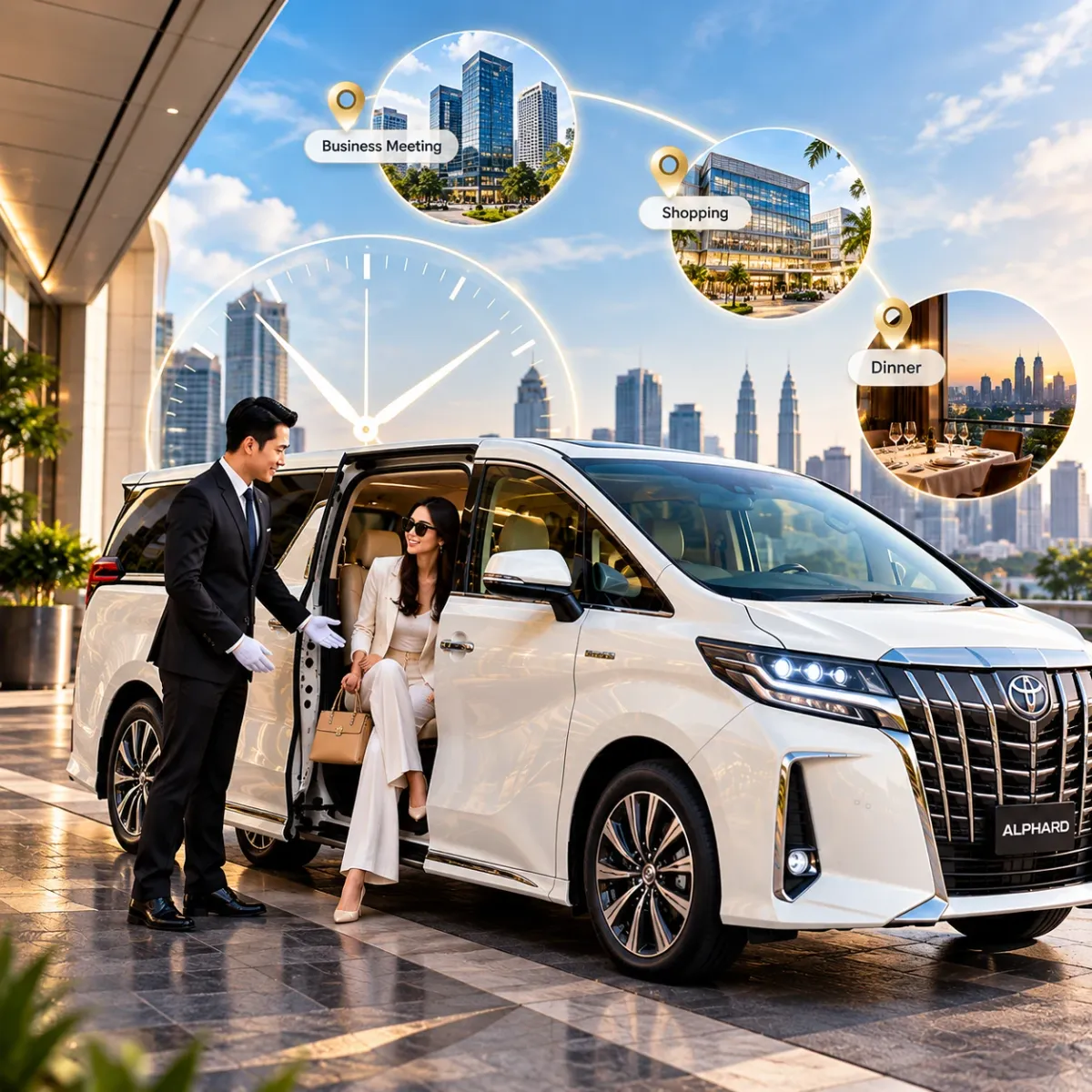 Chauffeur helping a passenger out of a white Alphard MPV, with a clock and icons for a business meeting, shopping and dinner stops
