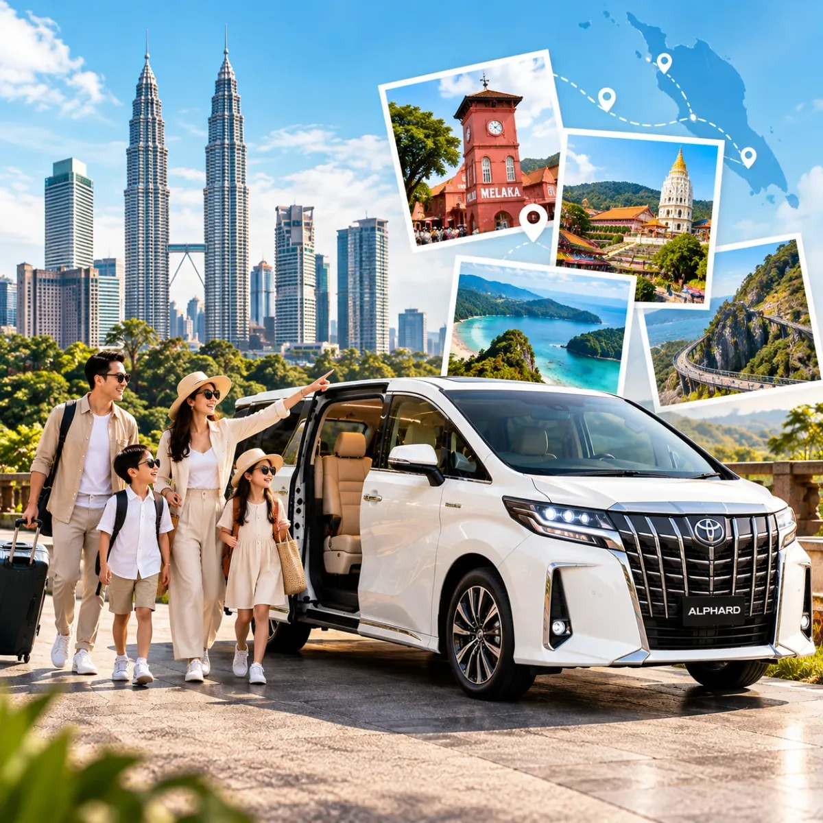 Family with two children beside a white Alphard MPV with the Kuala Lumpur skyline and photos of Melaka and Penang landmarks